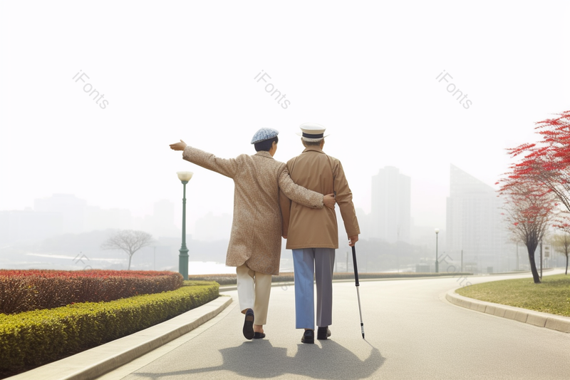 中老年夫妻挽着腰在公园里散步,高清,摄影图,摄影图片,图片大全,摄影图免费下载